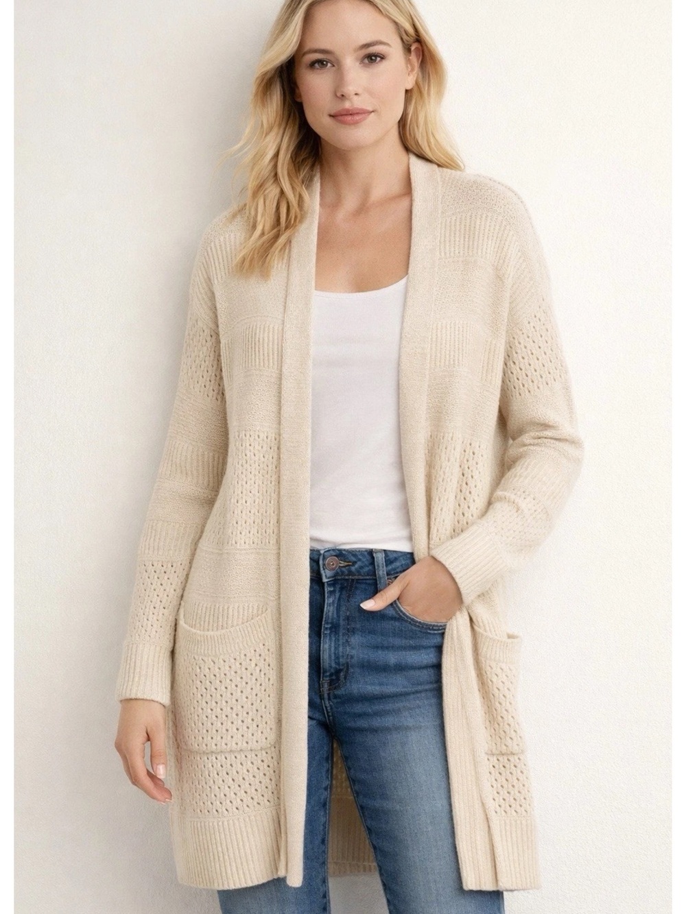 Joie Cream Open-Front Textured Knit Cardigan
